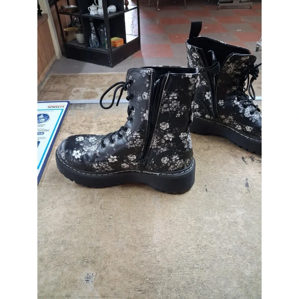 Jellipop Girls Floral Combat Boots Black White Lace Up Side Zip Youth Size 8